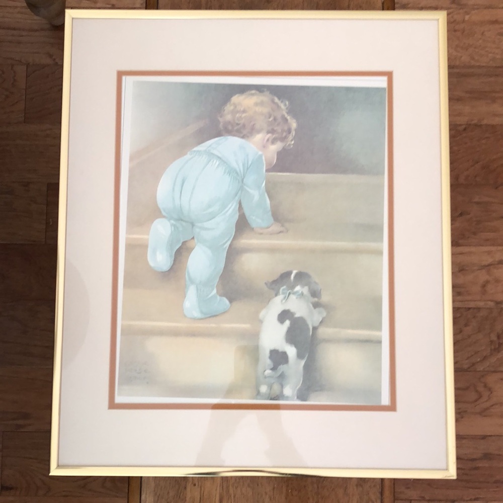 Picture with frame and glass climbing stairs boy and puppy very good condition
